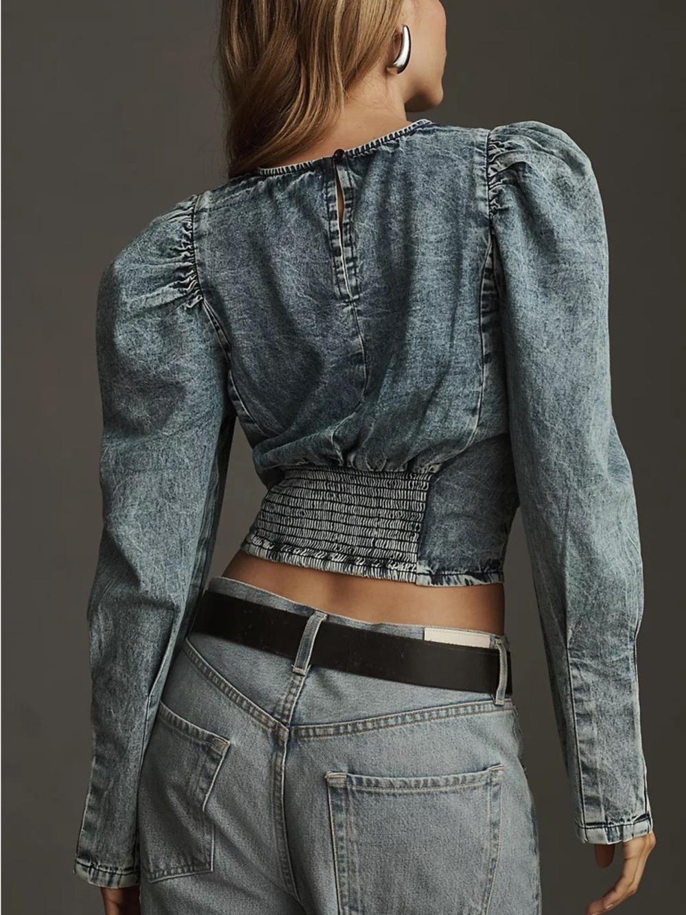Pilcro | Embroidered Puff-Sleeve Denim Blouse - Picture 2 of 5
